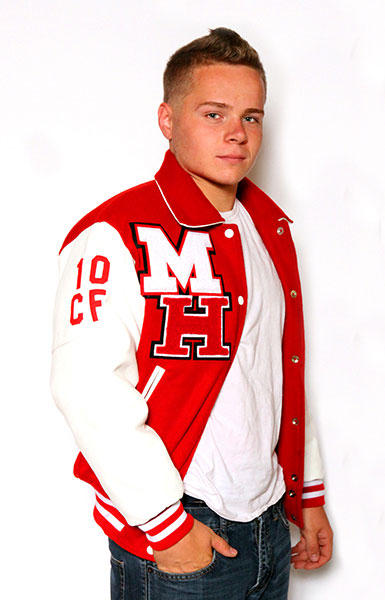 Front view of the Wool varsity jacket with White Leather sleeves, Sport Collar with Leather Under collar, 2-color Cuffs and Leather Pocket Trim